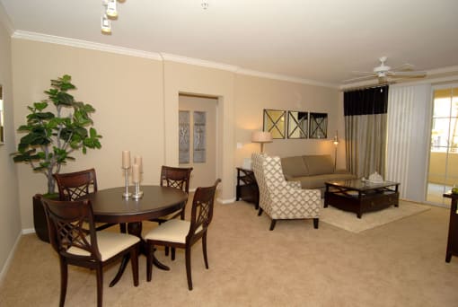 dining area with living area in background