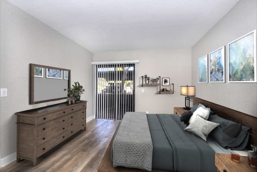 Bedroom with sliding glass doors to balcony at Pointe Niguel, Laguna Niguel, 92677