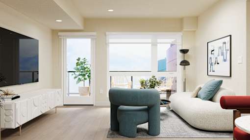 A living room with a blue chair and a white couch at Skyview Sunset Apartments, Los Angeles, CA, 90046