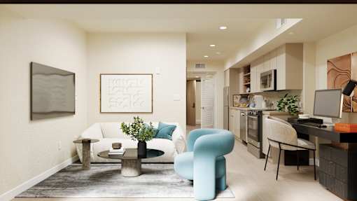 A modern living room with a white sofa, a blue chair, and a wooden coffee table at Skyview Sunset Apartments, California, 90046