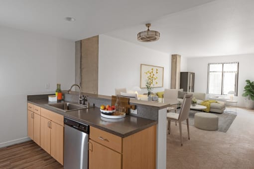 Kitchen, dining and living room at Vendome Place, San Jose, California