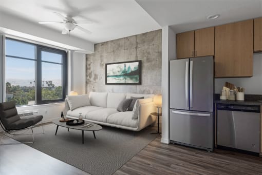 Living room with large windows at Vendome Place, San Jose, CA 95110