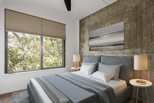 Bedroom with large window at Vendome Place, San Jose