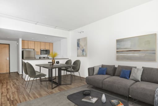 Living room and kitchen at Vendome Place, San Jose, California