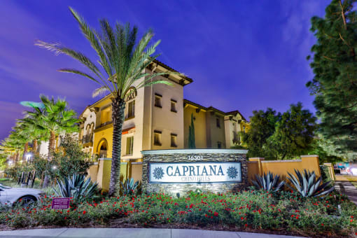 capriana nonument sign and exterior of building at Capriana at Chino Hills, Chino Hills, CA, 91709