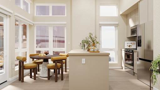 A kitchen with a table and chairs in front of a window at Skyview Sunset Apartments, California, 90046