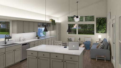 a rendering of a kitchen and living room with a laptop on the counter