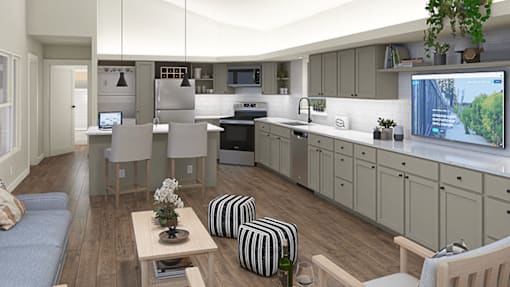 a rendering of a kitchen and living room