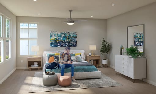 Taylor Townhomes - Mihir Taylor - Spacious Bedroom With Luxury Vinyl Plank Flooring, A Ceiling Fan, and Windows