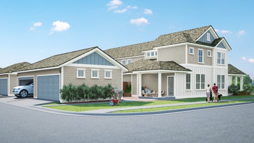 rendering of mihir town home with two car garage and people walking by on lawn
