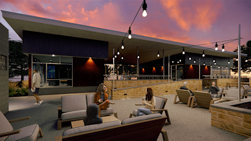 a rendering of the lobby of a building with people sitting on couches