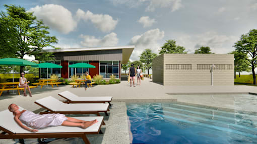a rendering of a house with a pool and people in it