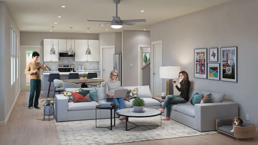 a rendering of a living room with three people in it