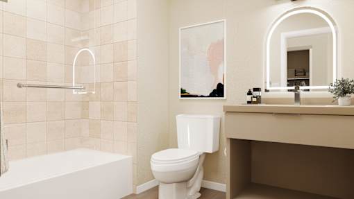 A bathroom with a white tub, toilet, and sink at Skyview Sunset Apartments, Los Angeles, CA, 90046