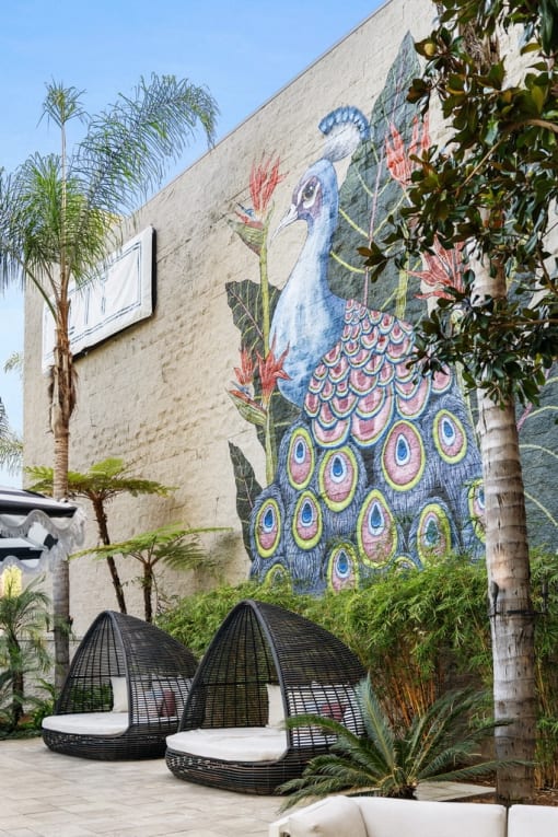 a mural of a peacock on the side of a building with lounge seating at Vera Cortez Hill, San Diego