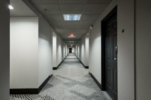 Hallway to apartment units at Vera Cortez Hill, San Diego, California