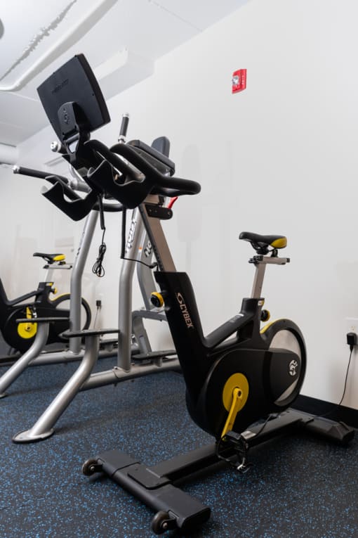 a group of exercise bikes in a gym