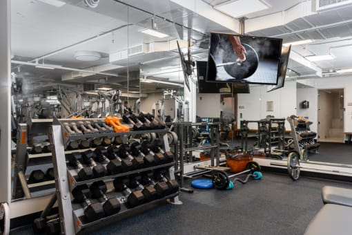 a gym with weights and a tv on the wall