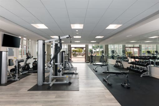 a gym with exercise equipment and a flat screen tv on the wall at Aqua Via Apartments, California, 94607