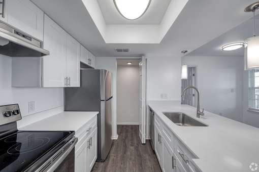 A modern kitchen with white cabinets and stainless steel appliances.