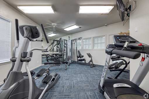A gym with a variety of equipment including treadmills, elliptical machines, and a television.