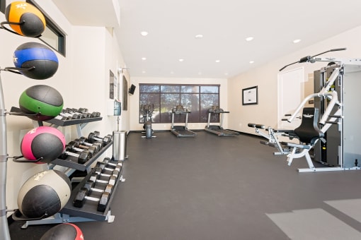 gym with free weights, weight machine, and cardio equipment