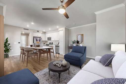 A living room with a white couch and a blue chair.