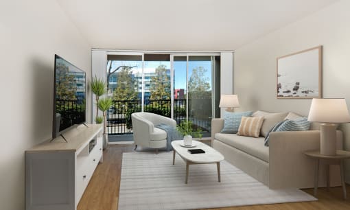jefferson floor plan furnished living room at Avenue Two Apartments, California, 94063