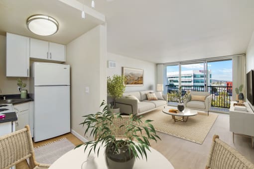 ralston floor plan furnished kitchen and living room area at Avenue Two Apartments, Redwood City  , CA 94063