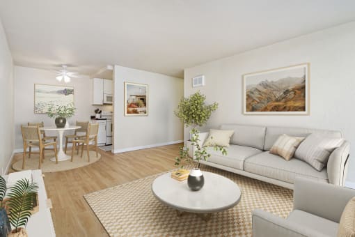 ralston floor plan furnished living room and dining area at Avenue Two Apartments, California, 94063