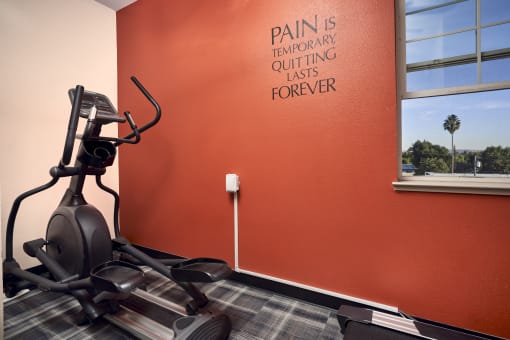 a gym with an exercise bike and a sign that says pain is temporary quitting lasts forever