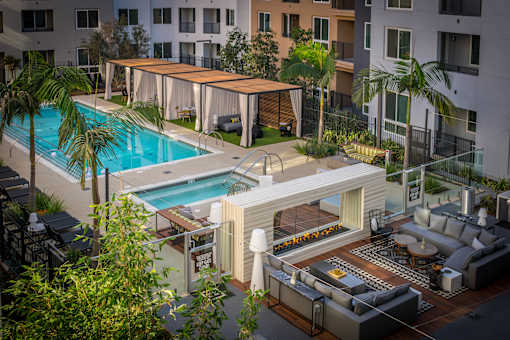 Aerial Pool View at Baker Block, Costa Mesa, CA, 92626