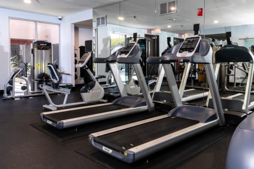 a row of treadmills and other exercise equipment in a gym