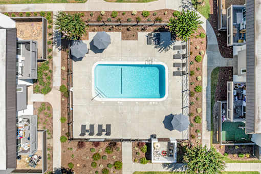 A pool surrounded by a concrete fence and a small garden.