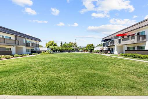 A large grassy area in front of apartment buildings.