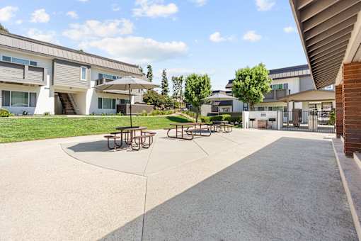 A sunny day at the outdoor seating area of a modern building.