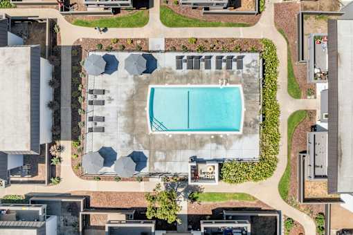 An aerial view of a swimming pool surrounded by a concrete patio and a grassy area with trees.