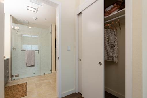 A bathroom with a walk-in shower and a white door.