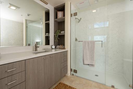 A bathroom with a walk-in shower and a vanity with a mirror.