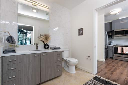 A bathroom with a white toilet and a grey cabinet.