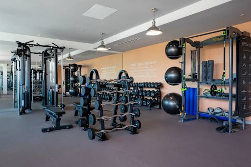 A gym with a variety of equipment including weights and a squat rack.