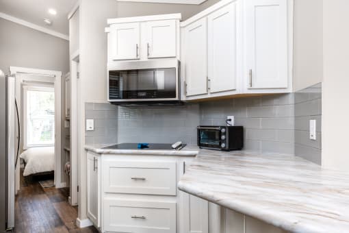 2-Bedroom Apartments in South Austin, TX - Casta Austin - Kitchen with Built-In Stainless Steel Microwave, Marble-Style Countertop, Grey Tile Backsplash, and White Cabinetry.