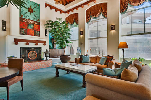Old Town Scottsdale AZ Apartments for Rent - Cibola - Resident Lounge with Tables, Chairs, Couches, and Large Windows