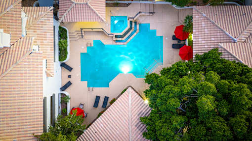 A swimming pool surrounded by a tiled roof and trees.