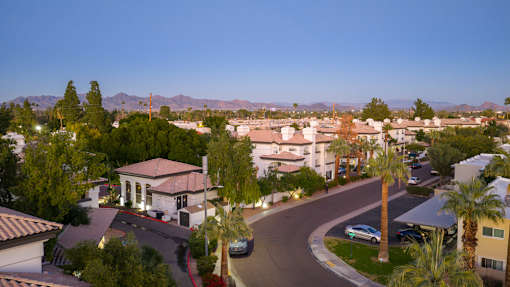 A residential area with houses and palm trees.