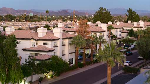 A residential area with houses and palm trees.