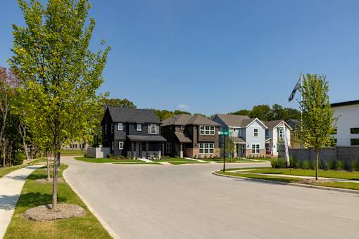 A row of houses with a tree in the foreground.