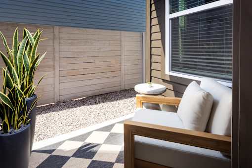A patio with a couch, a potted plant, and a checkered mat.