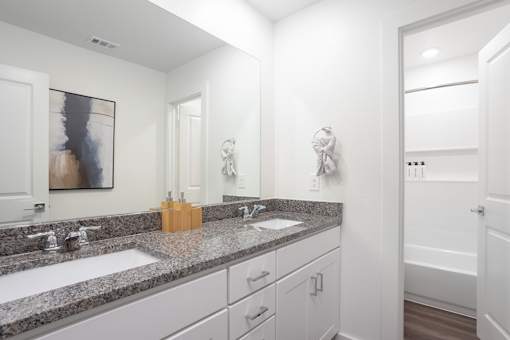 A bathroom with two sinks and a large mirror.