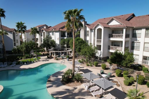 Aerial view of Swimming Pool And Relaxing Area at Arboretum at South Mountain, Phoenix, AZ, Arizona